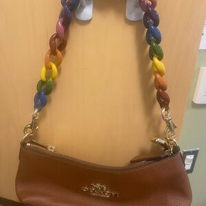 Coach Tan Leather Bag with Colorful Chain Strap. No crossbody strap.